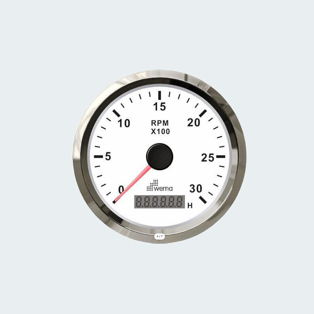 Wema Tachometer + Hour Meter White w/Silver Bezel
